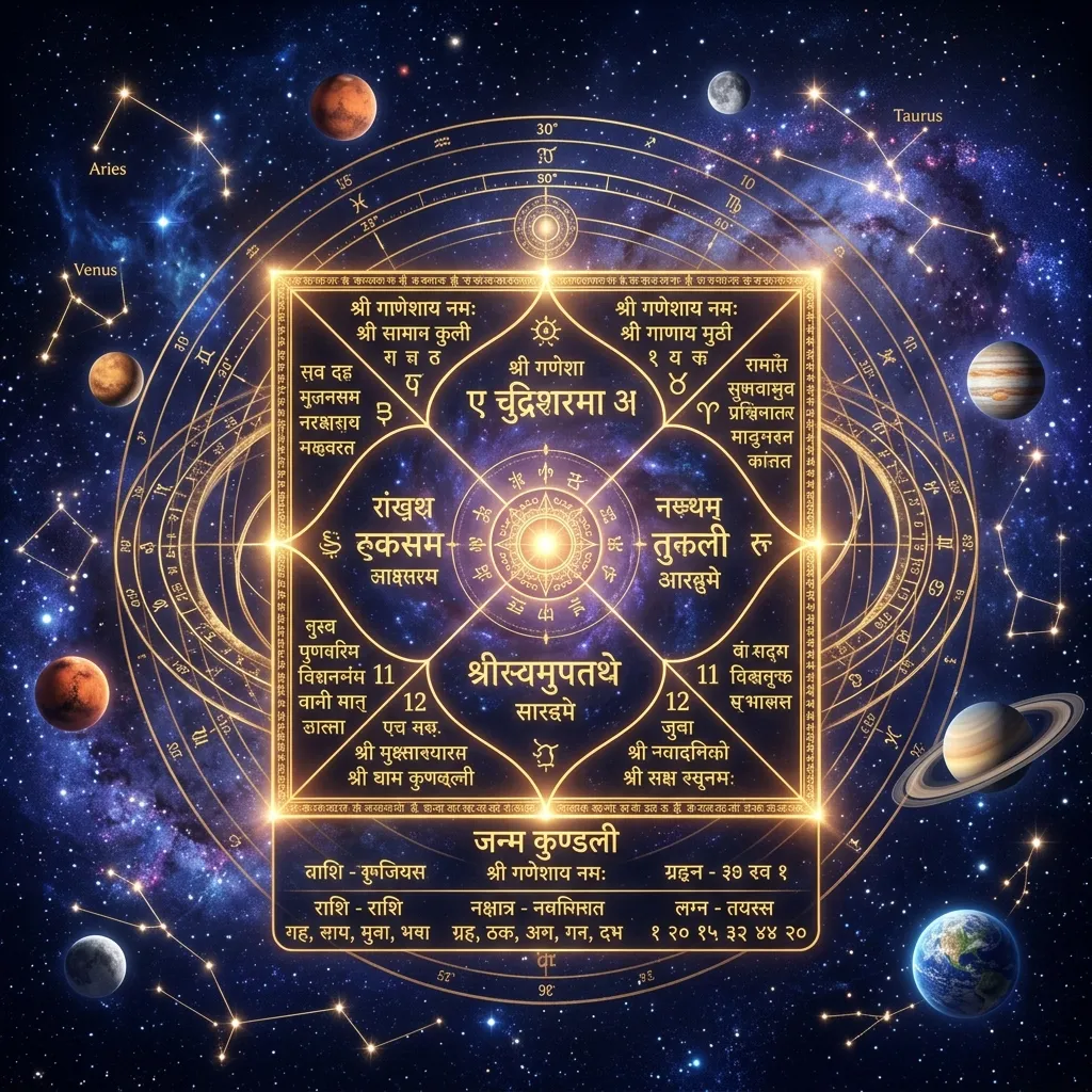 Detailed Vedic astrology Kundali birth chart constellation map with planetary alignments in houses